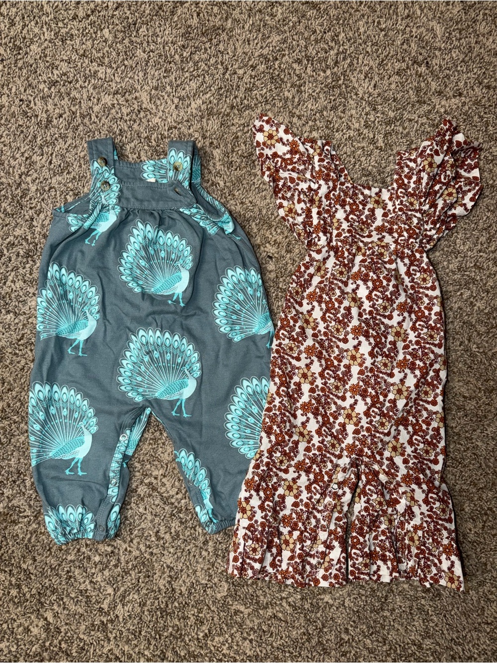 kate quinn Teal Peacock Print Romper & Cream Brown Floral Dress Set